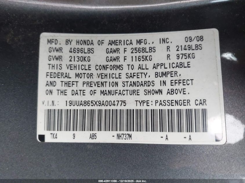 2009 Acura Tl 3.5 VIN: 19UUA865X9A004775 Lot: 43911356