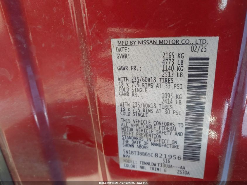 2025 Nissan Rogue Sv Intelligent Awd VIN: 5N1BT3BB6SC821956 Lot: 43911359