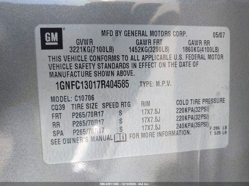 2007 Chevrolet Tahoe Lt VIN: 1GNFC13017R404585 Lot: 43911360