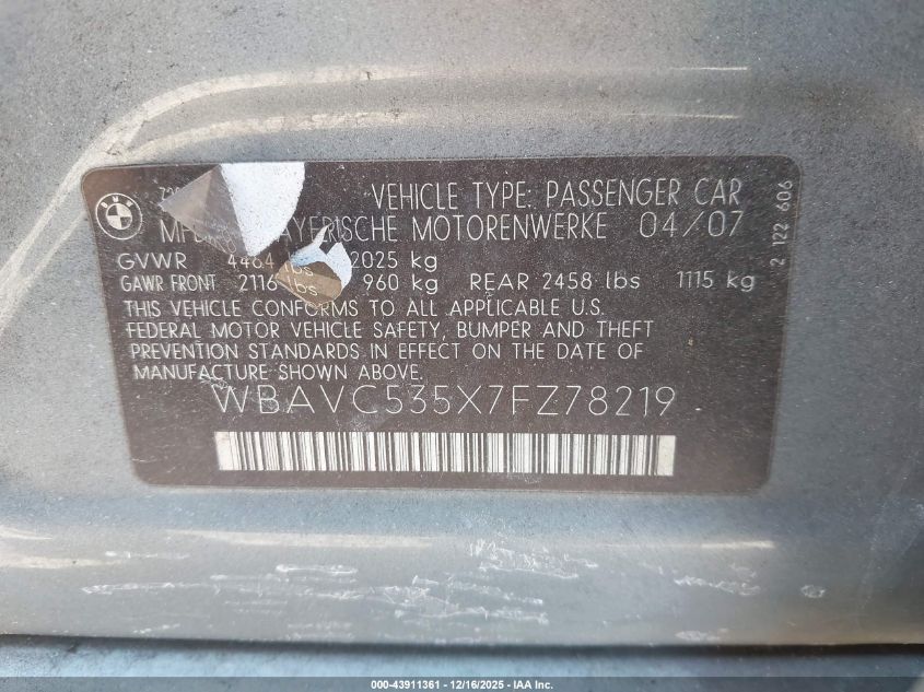 2007 BMW 328I VIN: WBAVC535X7FZ78219 Lot: 43911361