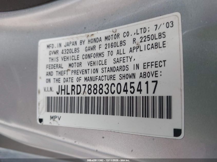 2003 Honda Cr-V Ex VIN: JHLRD78883C045417 Lot: 43911362