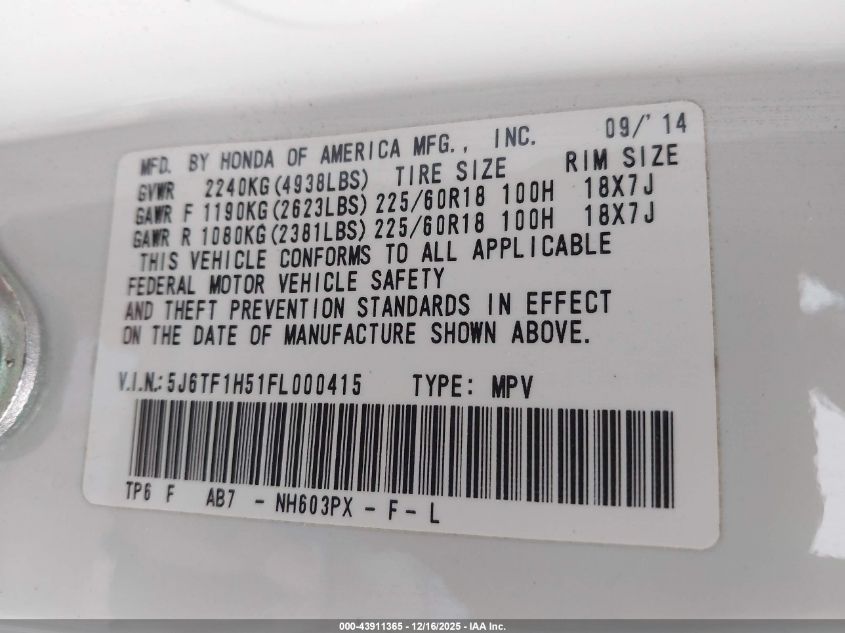 2015 Honda Crosstour Ex-L V6 VIN: 5J6TF1H51FL000415 Lot: 43911365