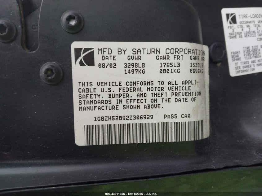 2002 Saturn S-Series Sl1 VIN: 1G8ZH52892Z306929 Lot: 43911366