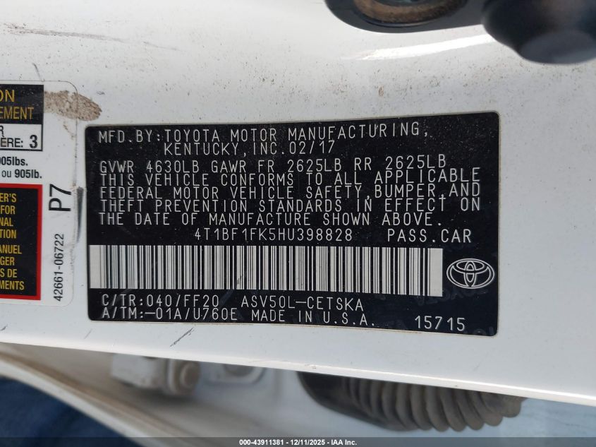 2017 Toyota Camry Se VIN: 4T1BF1FK5HU398828 Lot: 43911381