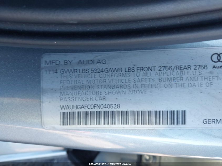 2015 Audi A6 3.0T Premium Plus VIN: WAUHGAFC0FN040528 Lot: 43911392