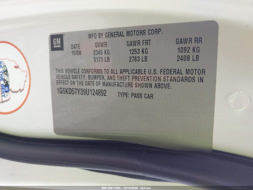 2009 Cadillac Dts 1Sb VIN: 1G6KD57Y39U124892 Lot: 43911393