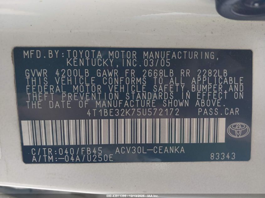 2005 Toyota Camry Le VIN: 4T1BE32K75U572172 Lot: 43911395