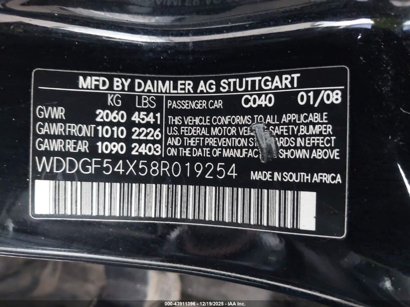 2008 Mercedes-Benz C 300 Luxury/Sport VIN: WDDGF54X58R019254 Lot: 43911396