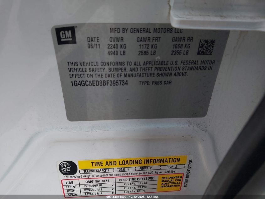 2011 Buick Lacrosse Cxl VIN: 1G4GC5ED8BF395734 Lot: 43911402