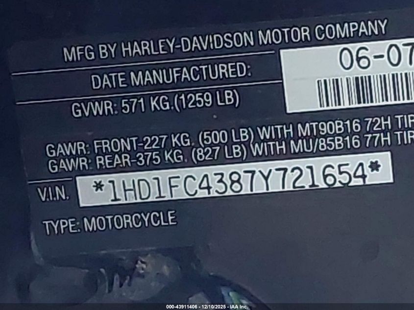 2007 Harley-Davidson Flhtcui VIN: 1HD1FC4387Y721654 Lot: 43911406