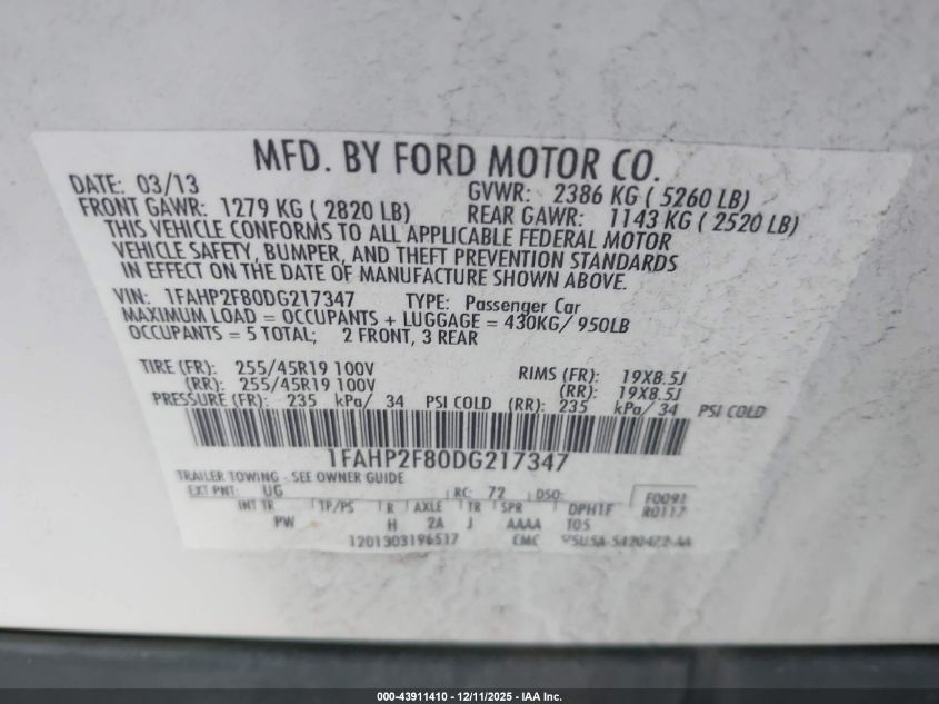 2013 Ford Taurus Limited VIN: 1FAHP2F80DG217347 Lot: 43911410