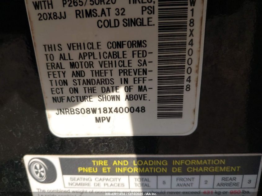 2008 Infiniti Fx45 VIN: JNRBS08W18X400048 Lot: 43911414