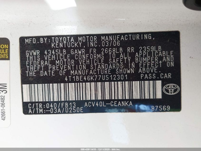 2007 Toyota Camry Le VIN: 4T1BE46K77U512301 Lot: 43911419