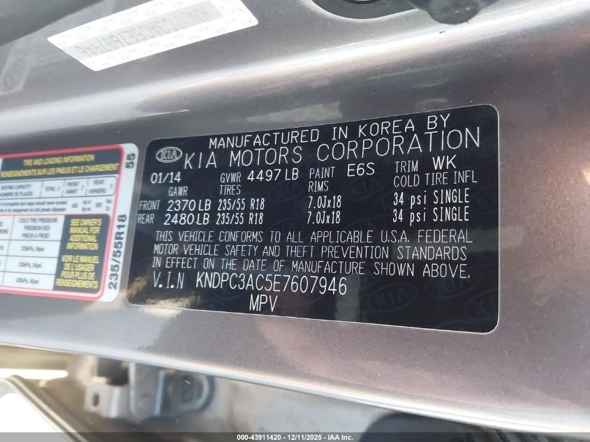 2014 Kia Sportage Ex VIN: KNDPC3AC5E7607946 Lot: 43911420