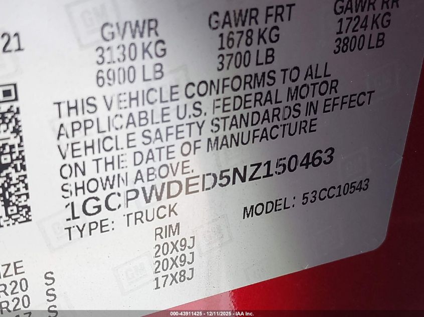 2022 Chevrolet Silverado 1500 Ltd 2Wd Short Bed Rst VIN: 1GCPWDED5NZ150463 Lot: 43911425