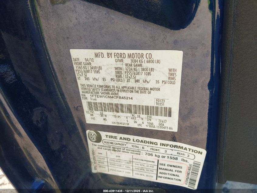 2012 Ford F-150 Xlt VIN: 1FTEW1CM4CFB45214 Lot: 43911435