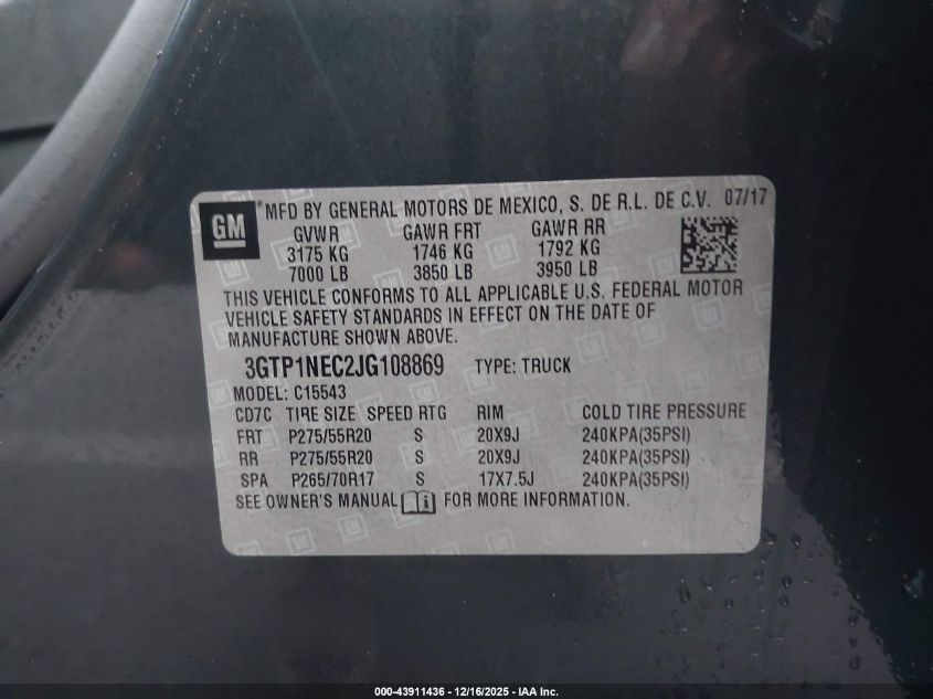 2018 GMC Sierra 1500 Slt VIN: 3GTP1NEC2JG108869 Lot: 43911436