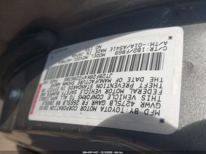 2000 Toyota Camry Le V6 VIN: JT2BF28K4Y0286366 Lot: 43911437