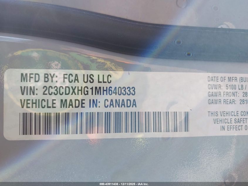 2021 Dodge Charger Gt Rwd VIN: 2C3CDXHG1MH640333 Lot: 43911438