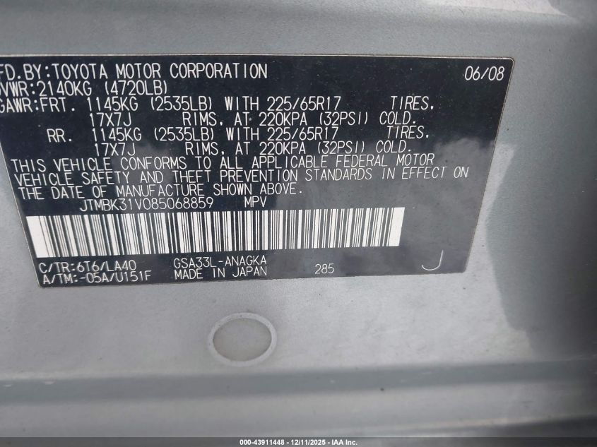 2008 Toyota Rav4 Limited V6 VIN: JTMBK31V085068859 Lot: 43911448