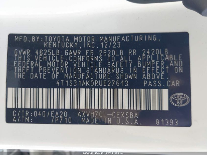 2024 Toyota Camry Hybrid Se VIN: 4T1S31AK0RU627613 Lot: 43911454