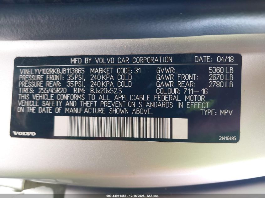 2018 Volvo Xc60 T5 Momentum VIN: LYV102RK8JB113865 Lot: 43911456