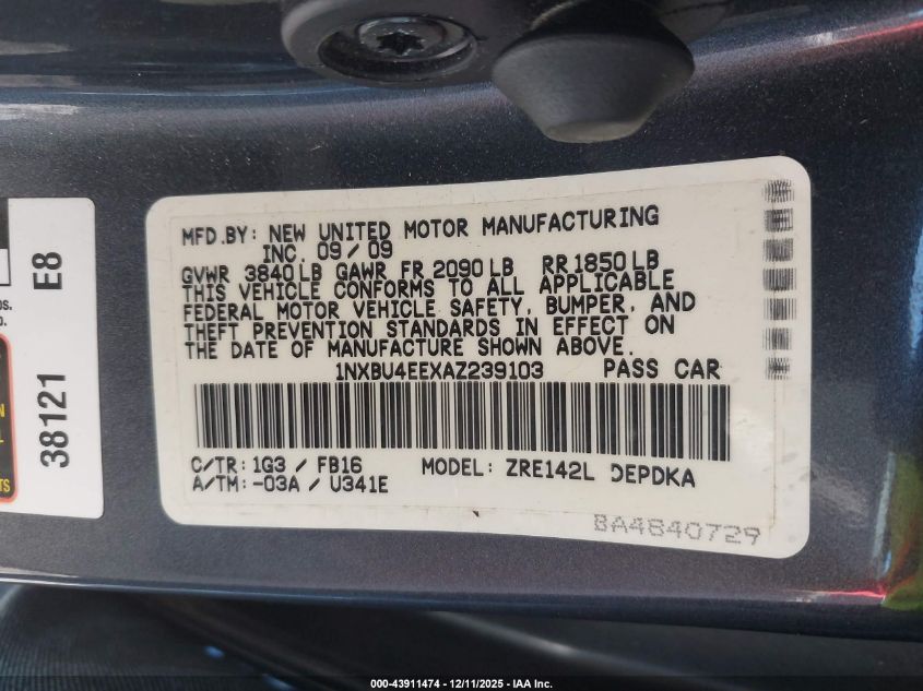 2010 Toyota Corolla VIN: 1NXBU4EEXAZ239103 Lot: 43911474