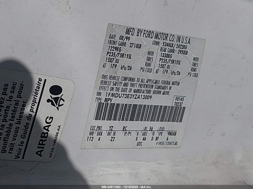 2000 Ford Explorer Xlt VIN: 1FMDU73E3YZA13009 Lot: 43911483