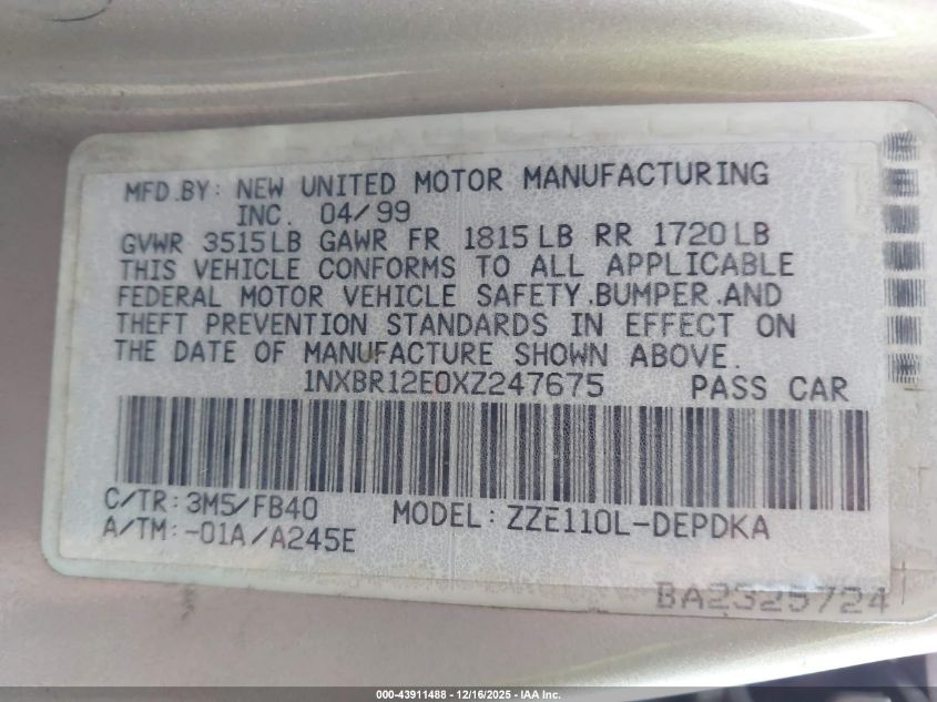 1999 Toyota Corolla Ce VIN: 1NXBR12E0XZ247675 Lot: 43911488