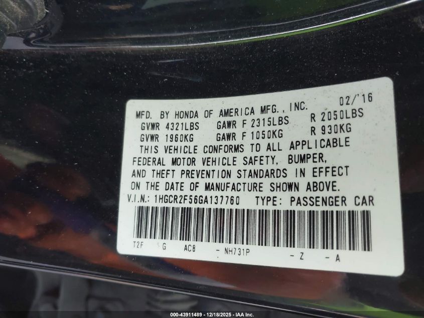 2016 Honda Accord Sport VIN: 1HGCR2F56GA137760 Lot: 43911489