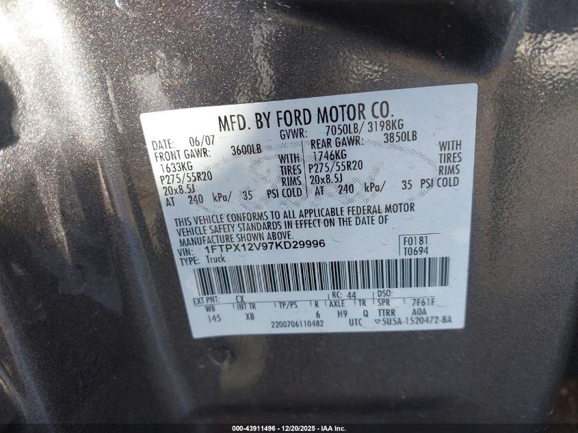 2007 Ford F-150 Lariat/Stx/Xl/Xlt VIN: 1FTPX12V97KD29996 Lot: 43911496