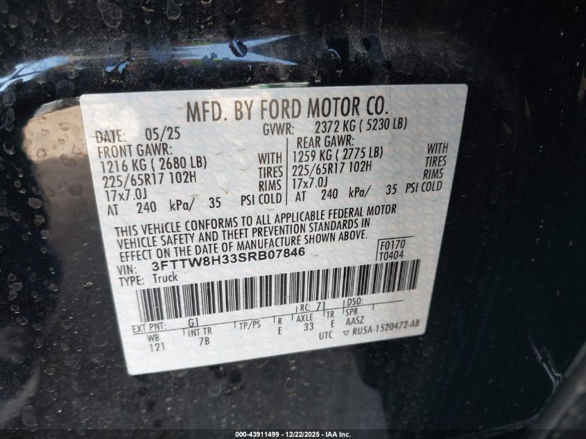 2025 Ford Maverick Xlt VIN: 3FTTW8H33SRB07846 Lot: 43911499