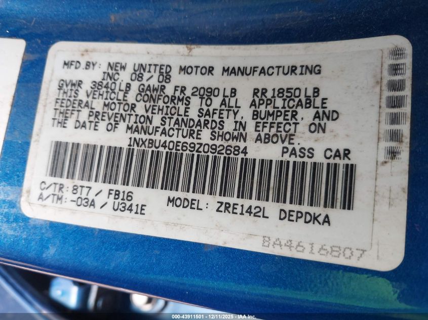 2009 Toyota Corolla VIN: 1NXBU40E69Z092684 Lot: 43911501