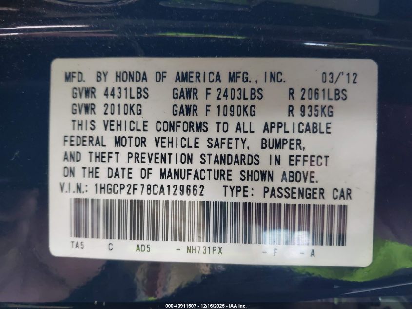 2012 Honda Accord 2.4 Ex VIN: 1HGCP2F78CA129662 Lot: 43911507