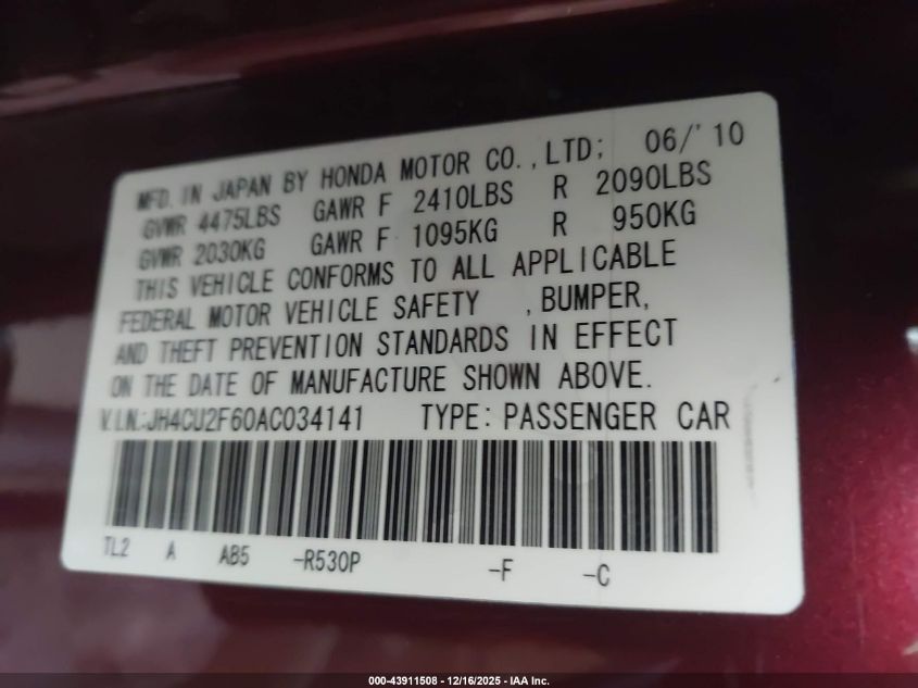 2010 Acura Tsx 2.4 VIN: JH4CU2F60AC034141 Lot: 43911508