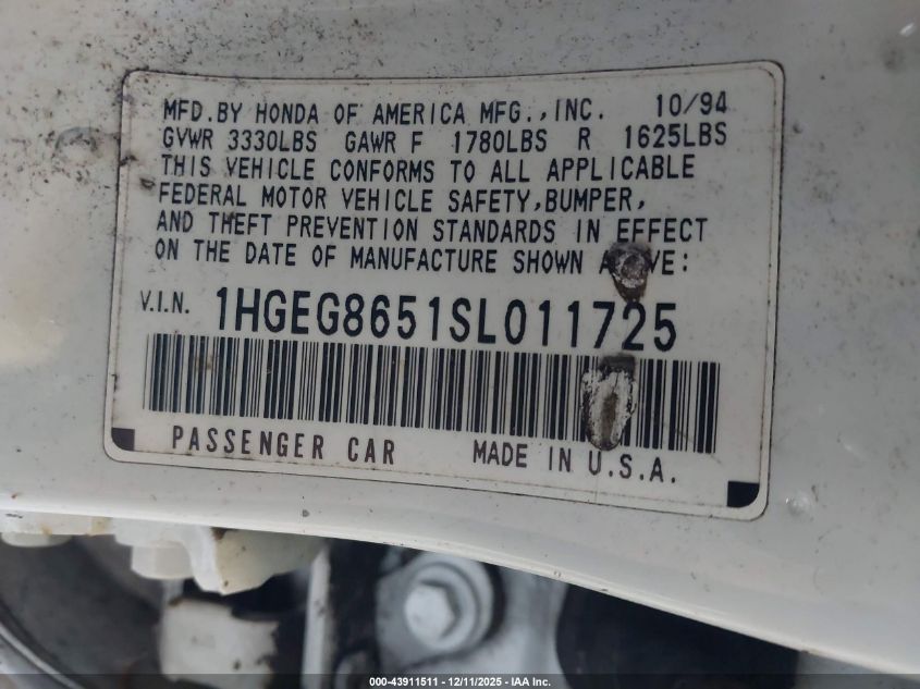 1995 Honda Civic Lx VIN: 1HGEG8651SL011725 Lot: 43911511