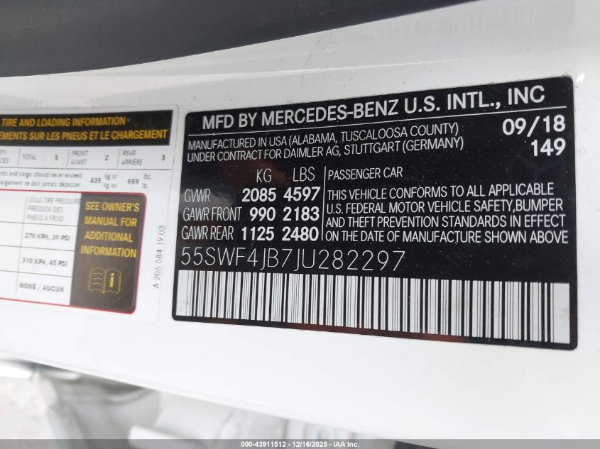 2018 Mercedes-Benz C 300 VIN: 55SWF4JB7JU282297 Lot: 43911512