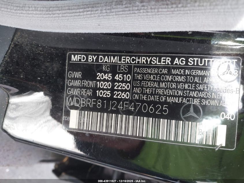 2004 Mercedes-Benz C 240 4Matic VIN: WDBRF81J24F470625 Lot: 43911527