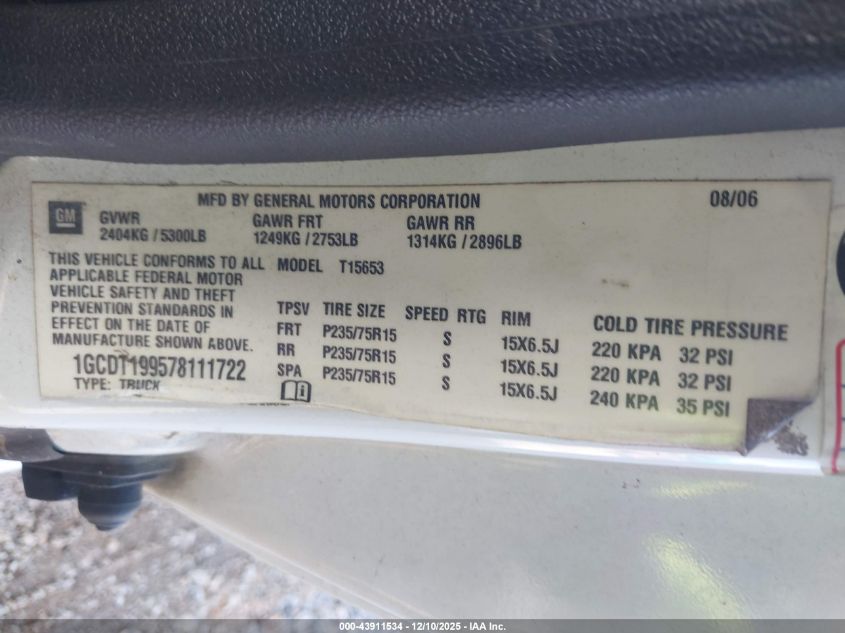 2007 Chevrolet Colorado Lt VIN: 1GCDT199578111722 Lot: 43911534