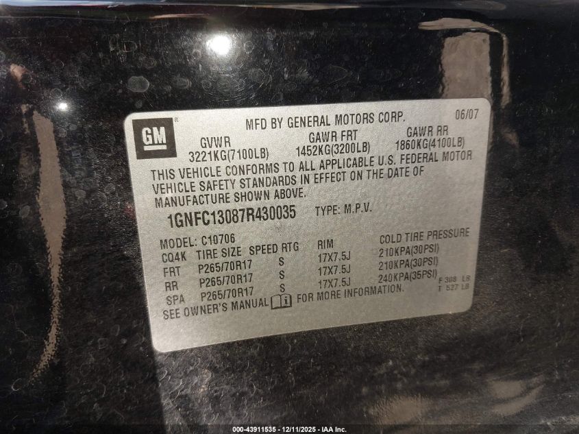 2007 Chevrolet Tahoe Lt VIN: 1GNFC13087R430035 Lot: 43911535