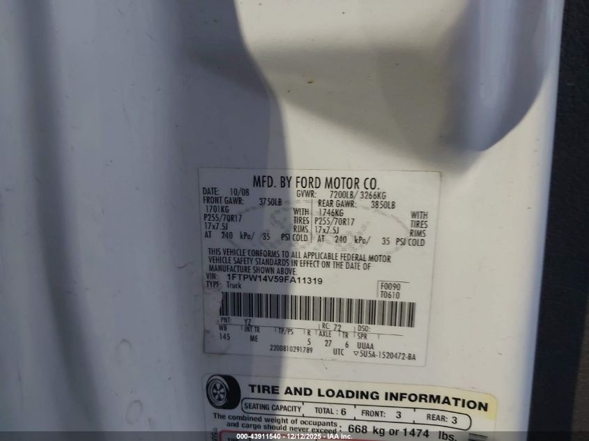 2009 Ford F-150 Fx4/King Ranch/Lariat/Platinum/Xl/Xlt VIN: 1FTPW14V59FA11319 Lot: 43911540