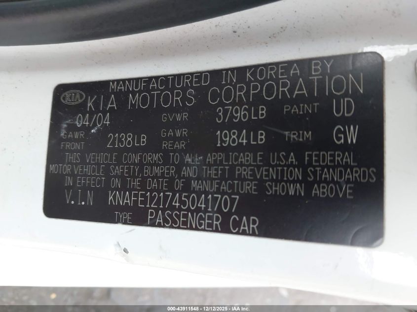 2004 Kia Spectra Ex/Lx VIN: KNAFE121745041707 Lot: 43911548