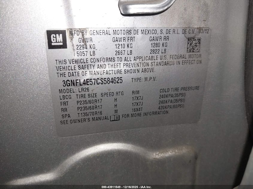 2012 Chevrolet Captiva Sport Ltz VIN: 3GNFL4E57CS584625 Lot: 43911549