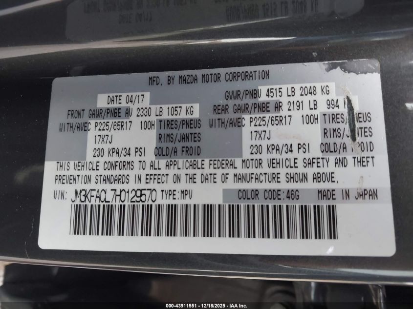 2017 Mazda Cx-5 Touring VIN: JM3KFACL7H0129570 Lot: 43911551