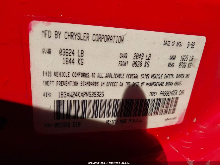 1993 Dodge Daytona VIN: 1B3XW24KXPN539325 Lot: 43911560