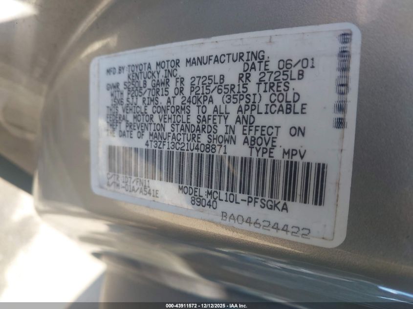 2001 Toyota Sienna Le VIN: 4T3ZF13C21U408871 Lot: 43911572