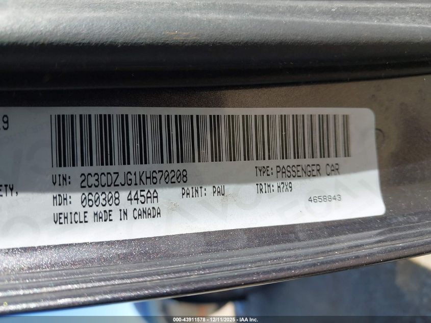 2019 Dodge Challenger Gt VIN: 2C3CDZJG1KH670208 Lot: 43911578