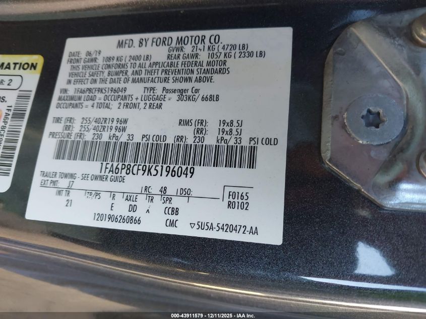 2019 Ford Mustang Gt VIN: 1FA6P8CF9K5196049 Lot: 43911579