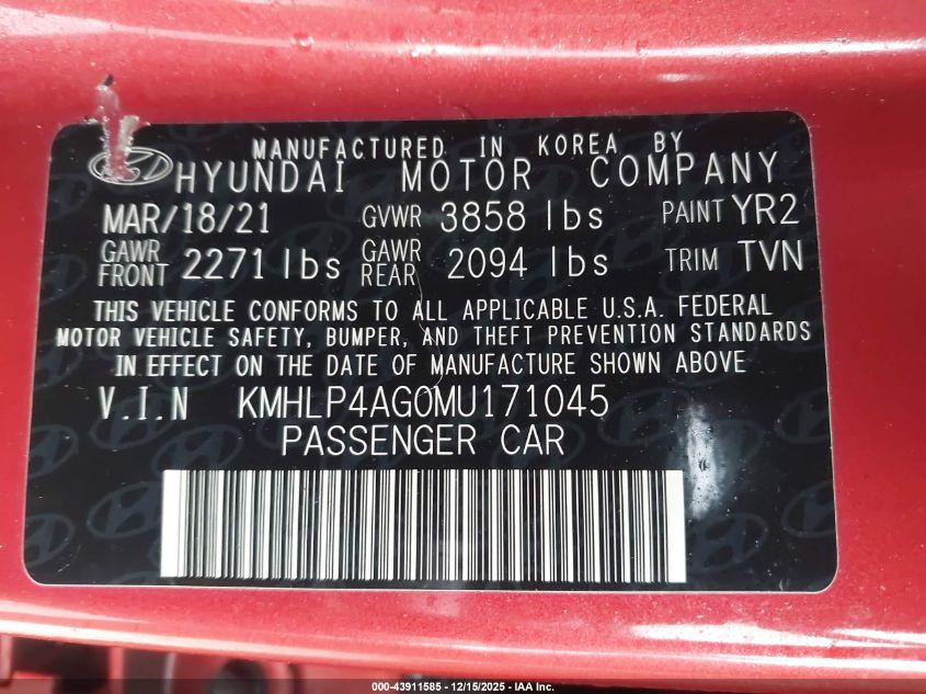 2021 Hyundai Elantra Limited VIN: KMHLP4AG0MU171045 Lot: 43911585