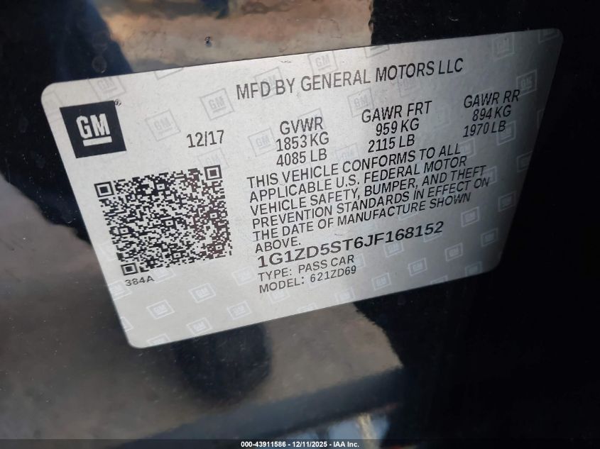2018 Chevrolet Malibu Lt VIN: 1G1ZD5ST6JF168152 Lot: 43911586